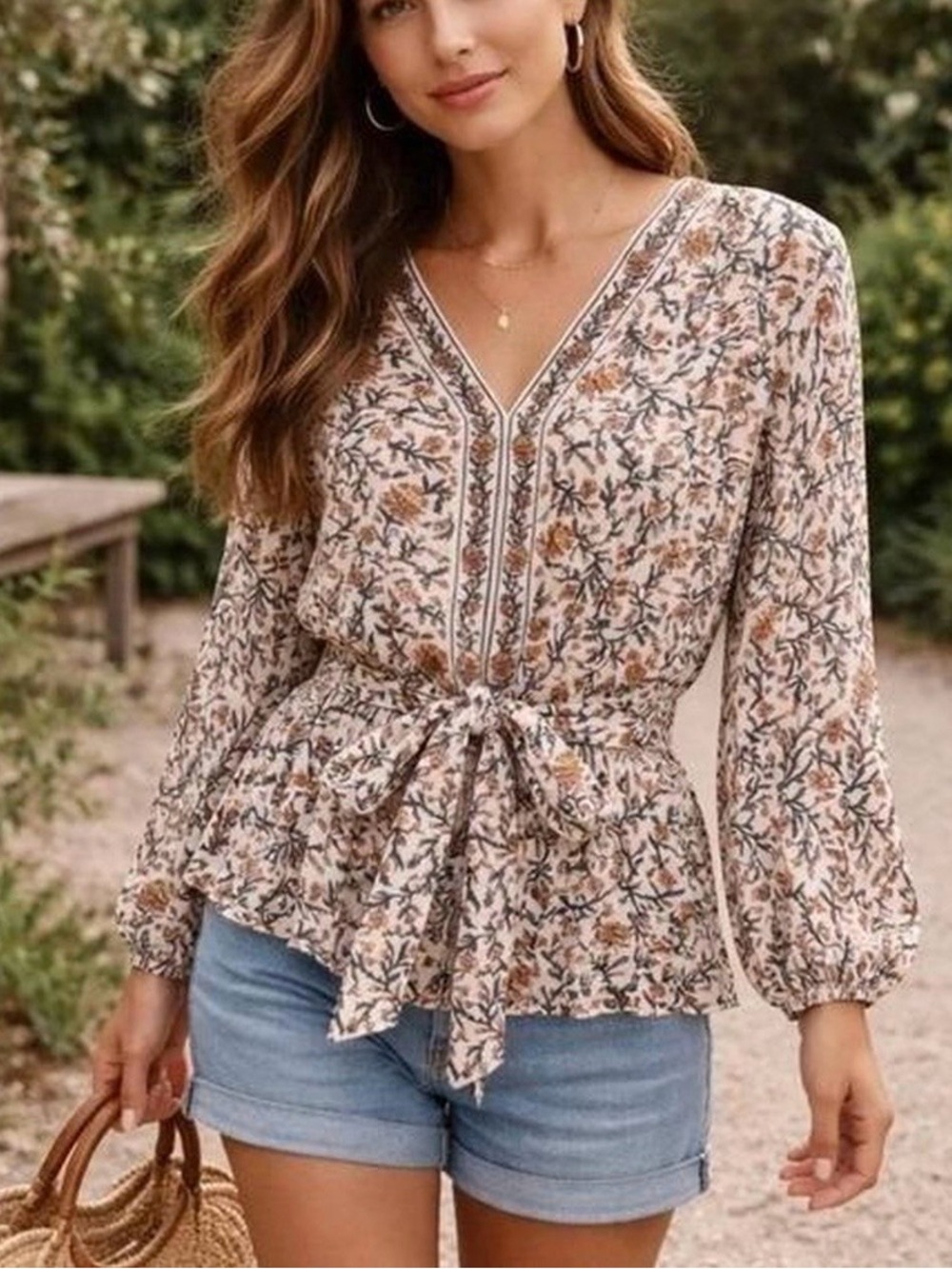 Max Studio Cream Floral Tie-Waist V-Neck Blouse